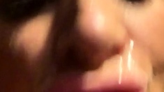 Amateur slut facialed in blowjob group and swallows