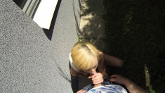 Sensual blonde teen wildly blows and fucks a big shaft in the outdoors