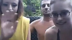 Outdoor blowjob threesome
